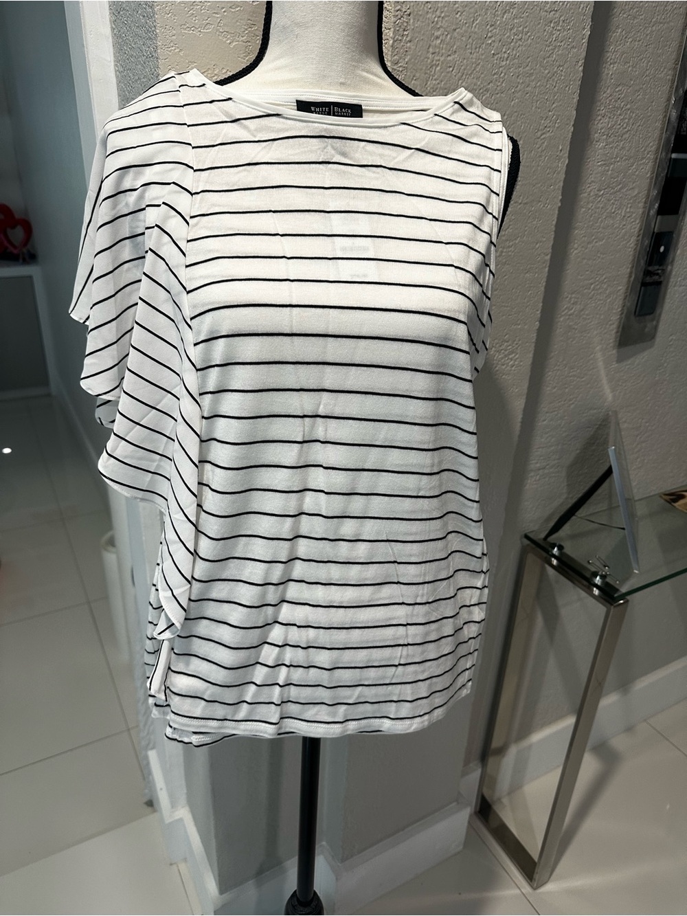 White House Black Market White and Black Striped Flutter Sleeve Tank